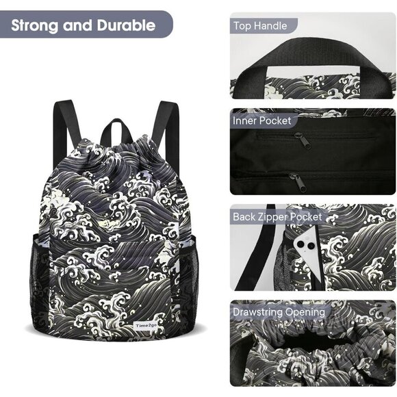 ✨ Time2go Sports Gym Sackpack Women Black Mesh Pockets Water-Resistant Backpack - Picture 4 of 7